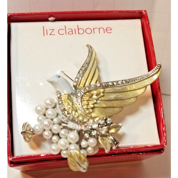 Vintage Liz Claiborne Rhinestone & Pearl Dove of Peace Brooch/Pin New In Box - Picture 1 of 6